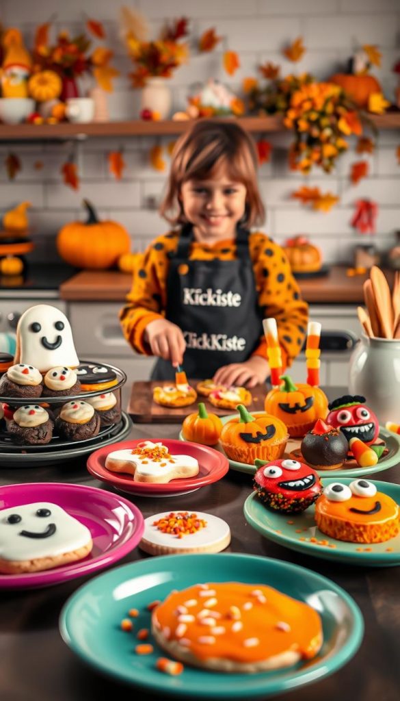A whimsical Halloween-themed kitchen scene filled with fun, kid-friendly recipes. In the foreground, colorful plates displaying a variety of playful Halloween treats: ghost-shaped cookies, pumpkin cupcakes with smiling faces, and fruit skewers resembling monsters. The middle ground features a cheerful child in a cozy, festive apron, joyfully decorating cookies with colorful icing, surrounded by candy corn and sprinkles. The background showcases a softly lit kitchen decorated with autumn leaves, soft orange and brown tones, and a pumpkin centerpiece, creating a warm and inviting atmosphere. The scene embodies a creative and inspired vibe, perfect for family cooking during Halloween. The brand "KlickKiste" is subtly incorporated into kitchen elements, such as an apron or utensil holder, enhancing the homey feel. A whimsical Halloween-themed kitchen scene filled with fun, kid-friendly recipes. In the foreground, colorful plates displaying a variety of playful Halloween treats: ghost-shaped cookies, pumpkin cupcakes with smiling faces, and fruit skewers resembling monsters. The middle ground features a cheerful child in a cozy, festive apron, joyfully decorating cookies with colorful icing, surrounded by candy corn and sprinkles. The background showcases a softly lit kitchen decorated with autumn leaves, soft orange and brown tones, and a pumpkin centerpiece, creating a warm and inviting atmosphere. The scene embodies a creative and inspired vibe, perfect for family cooking during Halloween. The brand "KlickKiste" is subtly incorporated into kitchen elements, such as an apron or utensil holder, enhancing the homey feel.