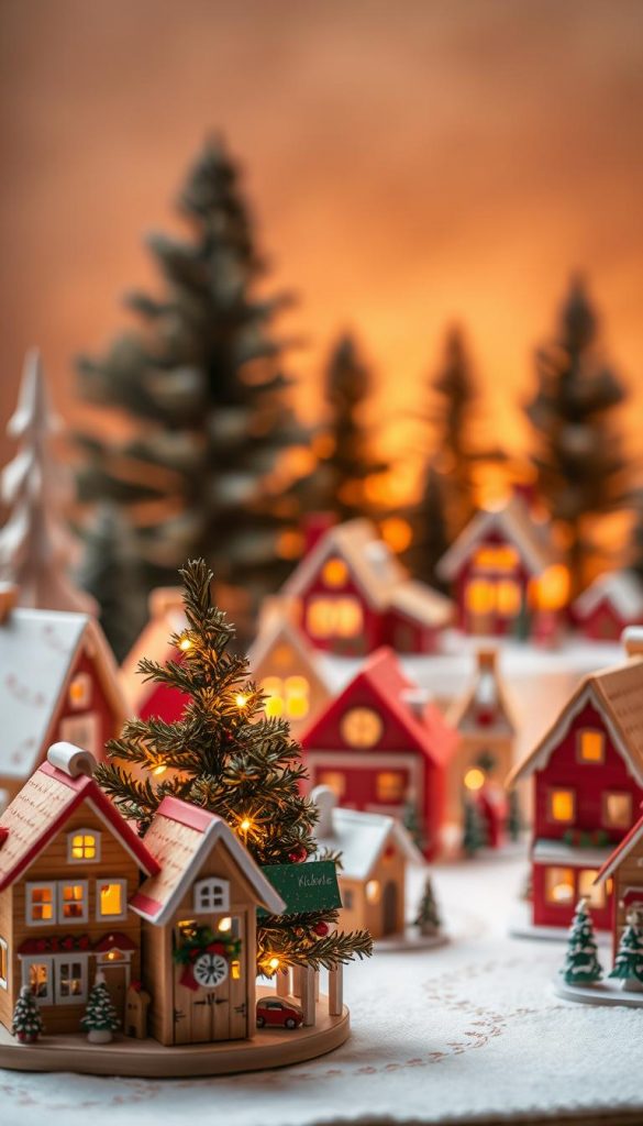 A whimsical and charming scene featuring a collection of handmade paper houses designed as an Advent calendar. In the foreground, intricately detailed paper houses in warm colors surround a small decorated pine tree, each adorned with miniature holiday decorations and glowing lights. The middle ground presents a cozy village atmosphere, with small cottages set against a softly blurred backdrop of a pine forest, creating a sense of depth. The lighting is warm and inviting, reminiscent of a glowing sunset, casting a gentle glow on the scene. The overall mood is festive and inspiring, evoking the joy of DIY holiday crafts. Include the brand name "KlickKiste" subtly woven into the design of the scene, ensuring a Pinterest-like aesthetic that feels authentic and inspirational.
