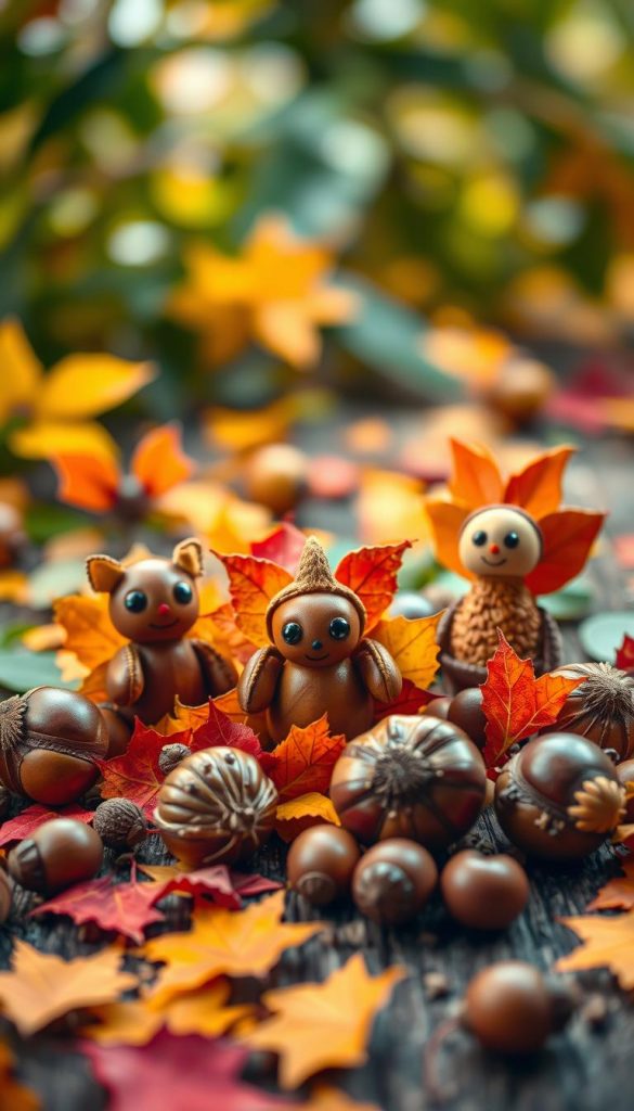A whimsical arrangement of chestnut figures and fantasy creatures, created from glossy, brown chestnuts, brightly colored leaves, and acorns. In the foreground, the chestnut figures take center stage, showcasing imaginative designs like playful animals and enchanting creatures. The middle ground features scattered autumn leaves in vibrant hues of orange, yellow, and red, adding texture and depth. In the background, softly blurred green foliage creates an atmospheric bokeh effect, allowing the vibrant colors of autumn to pop. The warm lighting evokes a cozy fall vibe, reminiscent of natural DIY decor. The scene is presented with a slight overhead angle, focusing on the artistry of the figures. Ideal for a Pinterest aesthetic, capturing an authentic and inspiring DIY spirit. Brand name: KlickKiste.