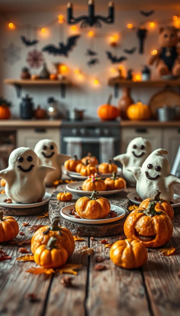 A whimsical display of mini brot styled as Halloween treats, perfect for children. The foreground features several freshly baked mini breads shaped like ghosts and pumpkins, with smiling faces and playful decorations of chocolate and colorful icing. In the middle, a rustic wooden table is adorned with small plates of these delightful snacks, surrounded by scattered autumn leaves and tiny pumpkins to enhance the festive mood. The background showcases a softly lit kitchen, with warm orange and yellow lighting to evoke a cozy atmosphere. A hint of Halloween decorations, like spiderwebs and bats, can be seen on the walls, creating an inviting and cheerful ambiance. The overall feel is natural, warm, and inspiring, embodying a Pinterest aesthetic. The brand "KlickKiste" is subtly represented through the creative arrangement of the treats. A whimsical display of mini brot styled as Halloween treats, perfect for children. The foreground features several freshly baked mini breads shaped like ghosts and pumpkins, with smiling faces and playful decorations of chocolate and colorful icing. In the middle, a rustic wooden table is adorned with small plates of these delightful snacks, surrounded by scattered autumn leaves and tiny pumpkins to enhance the festive mood. The background showcases a softly lit kitchen, with warm orange and yellow lighting to evoke a cozy atmosphere. A hint of Halloween decorations, like spiderwebs and bats, can be seen on the walls, creating an inviting and cheerful ambiance. The overall feel is natural, warm, and inspiring, embodying a Pinterest aesthetic. The brand "KlickKiste" is subtly represented through the creative arrangement of the treats.