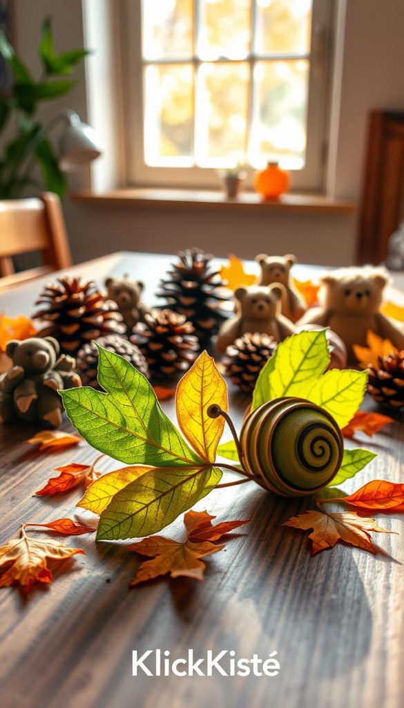 A whimsical display of vibrantly crafted leaf creatures, showcasing a variety of shapes and colors, delicately arranged on a rustic wooden tabletop. In the foreground, a charming butterfly made from green and yellow leaves flutters next to a leaf snail with intricate details. The middle ground features pinecone animals—some resembling hedgehogs and others as playful bears—sitting amongst scattered autumn leaves. In the background, soft natural light filters through a window, casting warm, inviting shadows, giving an authentic and inspiring Pinterest aesthetic. The overall mood is cozy and creative, embodying the essence of indoor nature crafts with children. The image reflects the brand "KlickKiste", celebrating the joy of crafting with nature's treasures.
