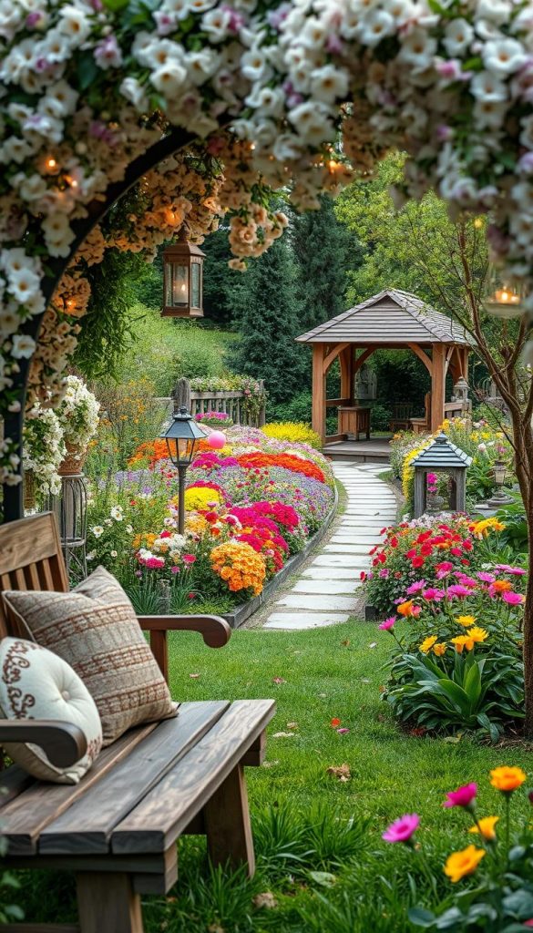 A whimsical garden scene inspired by "märchenhafte garten idee," showcasing enchanting DIY decor elements. In the foreground, a rustic wooden bench adorned with handmade cushions sits under a blooming archway of delicate flowers, cascading petals creating a soft, inviting space. The middle features a vibrant flowerbed filled with colorful seasonal blooms, while fairylights hang gently from nearby trees, illuminating the scene with warm, soft lighting. In the background, a quaint garden pathway winds through lush greenery, leading to a charming gazebo surrounded by fairy-tale inspired elements like lanterns and sculptures. Capture this scene with a slightly elevated angle to emphasize the depth and detail, conveying a magical, inviting atmosphere. The overall composition should reflect a natural, Pinterest-worthy aesthetic that embodies the spirit of "KlickKiste."