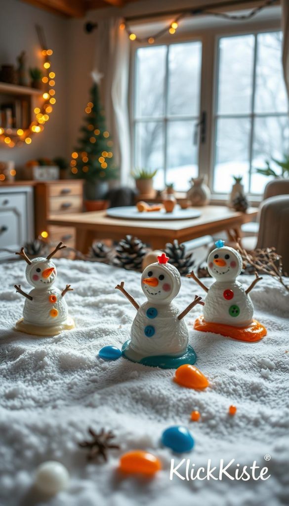 A whimsical scene depicting a snowy landscape where melting wax snowmen are artfully arranged on textured paper. In the foreground, vibrant wax remnants in shades of white, blue, and orange create cheerful snowman shapes, complete with small details like stick arms and button eyes. The middle ground features an inviting home workspace adorned with natural materials, such as pinecones and twinkling fairy lights, subtly illuminating the scene with warm, soft lighting. In the background, a window reveals a gentle snowfall outside, enhancing a cozy winter atmosphere. The overall mood is creative and heartwarming, echoing the DIY spirit of crafting together. This image embodies an authentic, Pinterest-inspired aesthetic, showcasing the idea of recycling wax scraps into delightful art. Brand represented subtly as "KlickKiste" in the scene.