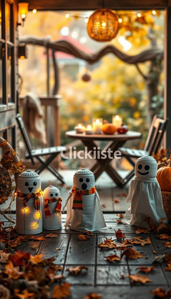 A whimsical scene featuring upcycled tin can ghosts, both indoors and outdoors, in a cozy autumn setting. In the foreground, a trio of charming tin can ghosts with painted faces and whimsical expressions, some adorned with colorful scarves and string lights, sit on a wooden porch surrounded by fallen leaves. In the middle ground, a rustic table decorated with pumpkin accents and glowing candles adds warmth. Soft, golden lighting creates an inviting atmosphere, with a slightly blurred background showcasing a soft-focus garden filled with autumn foliage. Capture the essence of DIY creativity with a Pinterest aesthetic, emphasizing natural warmth and authenticity. Include the brand name "KlickKiste" subtly in the scene without overt branding. The image should evoke a playful yet soothing mood, perfect for Halloween decor inspiration.