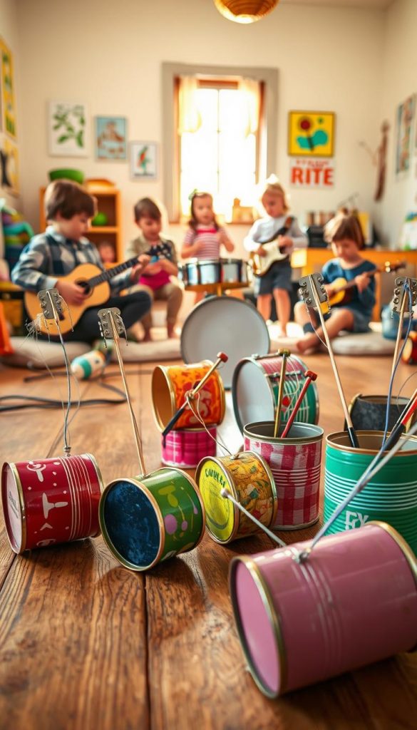 A whimsical scene featuring various DIY musical instruments crafted from upcycled tin cans, arranged in a cozy, well-lit playroom setting. In the foreground, colorful painted cans with strings attached, resembling guitars and drums, sit on a wooden floor. The middle ground showcases children, dressed in casual, modest clothing, joyfully playing and experimenting with these instruments. In the background, cheerful artwork hangs on the walls, and natural light streams in from a nearby window, creating a warm, inviting atmosphere. The overall mood is playful and creative, embodying the essence of family projects with a rustic, authentic charm that reflects the spirit of KlickKiste.