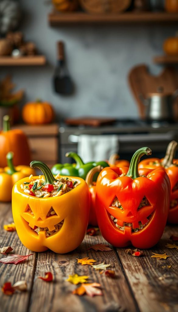 A whimsical scene featuring vibrant, stuffed bell peppers carved into playful grinning faces, exuding a cheerful Halloween vibe. The peppers are an array of colors—orange, green, and yellow—filled with colorful rice, vegetables, and spices. In the foreground, place three bell peppers with uniquely charming expressions, arranged on a rustic wooden table. In the middle, softly scattered autumn leaves and small pumpkins add to the festive atmosphere. The background hints at a cozy kitchen setting, subtly blurred, with warm, inviting lighting creating a natural, Pinterest-inspired look. The overall mood is joyful and playful, perfect for a children’s Halloween recipe. Include a soft focus effect, as if captured with a 50mm lens. The brand name "KlickKiste" is subtly represented in the composition, enhancing the charm of the image. A whimsical scene featuring vibrant, stuffed bell peppers carved into playful grinning faces, exuding a cheerful Halloween vibe. The peppers are an array of colors—orange, green, and yellow—filled with colorful rice, vegetables, and spices. In the foreground, place three bell peppers with uniquely charming expressions, arranged on a rustic wooden table. In the middle, softly scattered autumn leaves and small pumpkins add to the festive atmosphere. The background hints at a cozy kitchen setting, subtly blurred, with warm, inviting lighting creating a natural, Pinterest-inspired look. The overall mood is joyful and playful, perfect for a children’s Halloween recipe. Include a soft focus effect, as if captured with a 50mm lens. The brand name "KlickKiste" is subtly represented in the composition, enhancing the charm of the image.