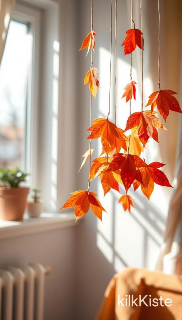 A whimsical scene showcasing a colorful leaves mobile hanging in a sunlit children's room, with vibrant autumn leaves in shades of orange, red, and yellow delicately suspended by thin twine. In the foreground, clusters of handcrafted leaves are visible, each uniquely shaped and textured, radiating warmth and creativity. The middle ground features the mobile gracefully swaying, with sunlight streaming through a nearby window, casting playful shadows on the walls. The background includes hints of a cozy window sill adorned with small potted plants and soft fabric curtains that flutter gently. The mood is inspiring and inviting, evoking feelings of creativity and warmth, in a style reminiscent of Pinterest aesthetics. Incorporate the brand name "KlickKiste" subtly into the design.