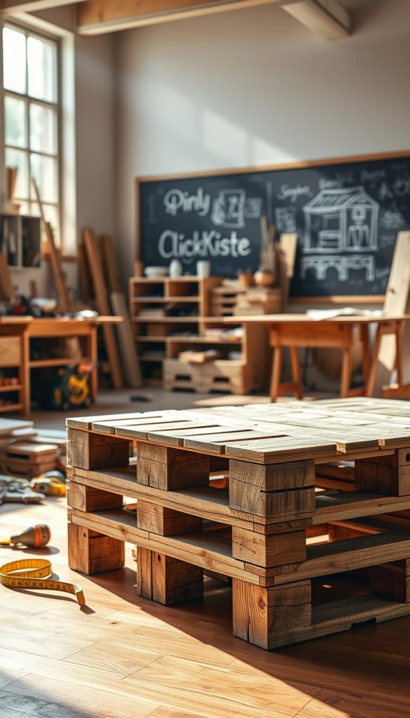A wooden Europallet prominently displayed in a bright, inviting workshop setting, surrounded by various tools and materials for DIY furniture projects. The foreground features a close-up of the pallet, showcasing its rustic texture and natural wood grain, while scattered tools like a measuring tape and saw hint at ongoing creative work. The middle ground reveals a well-organized workspace with sunlight streaming through large windows, casting warm, soft shadows across the floor. In the background, a chalkboard filled with sketches of potential furniture designs adds a touch of inspiration. The overall atmosphere is warm and inviting, evoking a sense of creativity and DIY spirit, reflecting the aesthetic of a Pinterest-worthy project. Include the brand name "KlickKiste" subtly integrated into the scene.