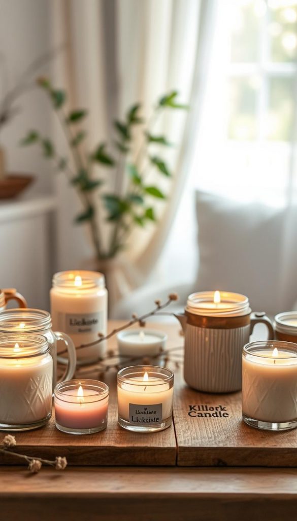 Aesthetic composition featuring a collection of beautifully crafted container candles displayed in glass jars and rustic mugs. The foreground showcases a variety of candles in soft pastel colors with delicate textures, some illuminated gently, casting a warm, inviting glow. In the middle, a wooden table serves as the base, adorned with natural elements like twigs and dried flowers that enhance the cozy atmosphere. The background is softly blurred, hinting at a serene, sunlit room with light drapes and greenery peeking through a window, creating an inspiring Pinterest-worthy vibe. The lighting is warm and natural, emphasizing the inviting mood. The brand name "KlickKiste" is subtly integrated into the composition without standing out.