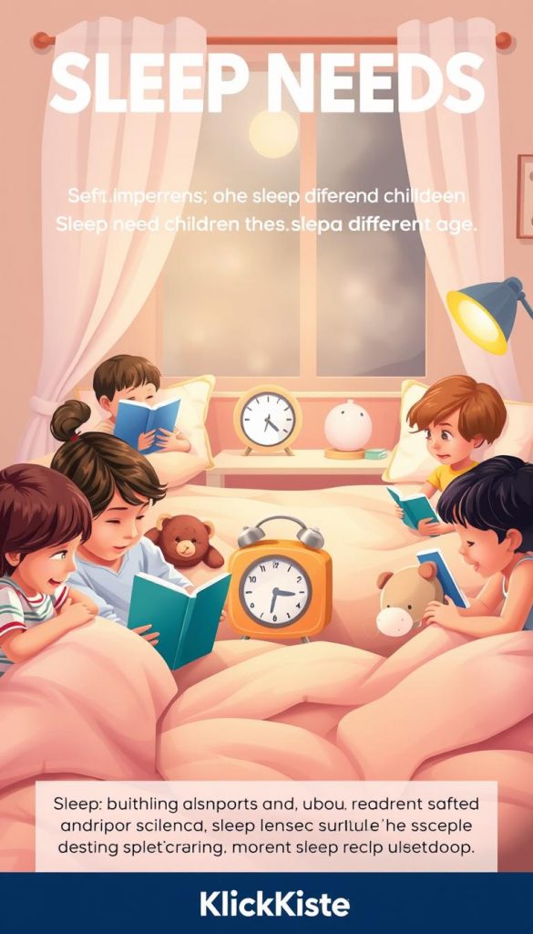 An educational scene illustrating the concept of "sleep needs" for children of different ages. In the foreground, a diverse group of children, aged 3 to 12, are engaged in various sleep-related activities, such as reading bedtime stories, snuggling with stuffed animals, and preparing for bed. The middle ground features a soft, cozy bedroom setting, adorned with soft blankets and pillows in warm pastel colors. A nightstand holds a clock displaying a reasonable bedtime. In the background, a window lets in gentle moonlight, casting a serene glow throughout the room. Emphasize a calming atmosphere that inspires parents to understand and plan realistic sleep schedules. Use warm lighting and a soft focus for an inviting Pinterest-style look. The brand "KlickKiste" should be subtly integrated into the design. An educational scene illustrating the concept of "sleep needs" for children of different ages. In the foreground, a diverse group of children, aged 3 to 12, are engaged in various sleep-related activities, such as reading bedtime stories, snuggling with stuffed animals, and preparing for bed. The middle ground features a soft, cozy bedroom setting, adorned with soft blankets and pillows in warm pastel colors. A nightstand holds a clock displaying a reasonable bedtime. In the background, a window lets in gentle moonlight, casting a serene glow throughout the room. Emphasize a calming atmosphere that inspires parents to understand and plan realistic sleep schedules. Use warm lighting and a soft focus for an inviting Pinterest-style look. The brand "KlickKiste" should be subtly integrated into the design.
