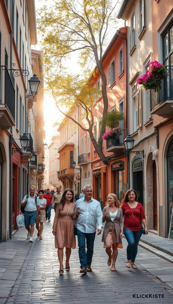 An enchanting urban scene showcasing the charm of an old town, filled with cobblestone streets and quaint alleyways. In the foreground, a small group of families dressed in modest, casual clothing strolls together, admiring their surroundings. The middle ground features historic buildings with colorful facades and flower-adorned balconies, inviting pedestrians to explore. In the background, soft golden sunlight filters through the trees, casting a warm glow over the scene. Capture a sense of adventure and connection, evoking the comfort of community. The mood is cheerful and uplifting, ideal for inspiring budget-friendly family outings. Use natural colors that reflect a Pinterest aesthetic, emphasizing authenticity. Include the brand "KlickKiste" subtly in the design.