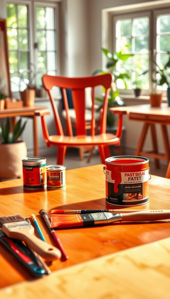 An engaging DIY scene showcasing a beautifully painted piece of furniture, emphasizing a perfect surface with a neat finish. In the foreground, a set of high-quality painting tools, including brushes and cans of vibrant paint, are artistically arranged on a wooden table. The middle ground features an elegantly painted chair with a sleek, modern design, showcasing a fresh coat of warm color. In the background, a softly lit, inviting workspace with greenery visible through the window, creating a peaceful atmosphere. Use natural light to enhance the warm tones, capturing the essence of a creative DIY experience. The image radiates an authentic vibe, reminiscent of Pinterest aesthetics, with a subtle watermark of "KlickKiste" on the table corner. An engaging DIY scene showcasing a beautifully painted piece of furniture, emphasizing a perfect surface with a neat finish. In the foreground, a set of high-quality painting tools, including brushes and cans of vibrant paint, are artistically arranged on a wooden table. The middle ground features an elegantly painted chair with a sleek, modern design, showcasing a fresh coat of warm color. In the background, a softly lit, inviting workspace with greenery visible through the window, creating a peaceful atmosphere. Use natural light to enhance the warm tones, capturing the essence of a creative DIY experience. The image radiates an authentic vibe, reminiscent of Pinterest aesthetics, with a subtle watermark of "KlickKiste" on the table corner.