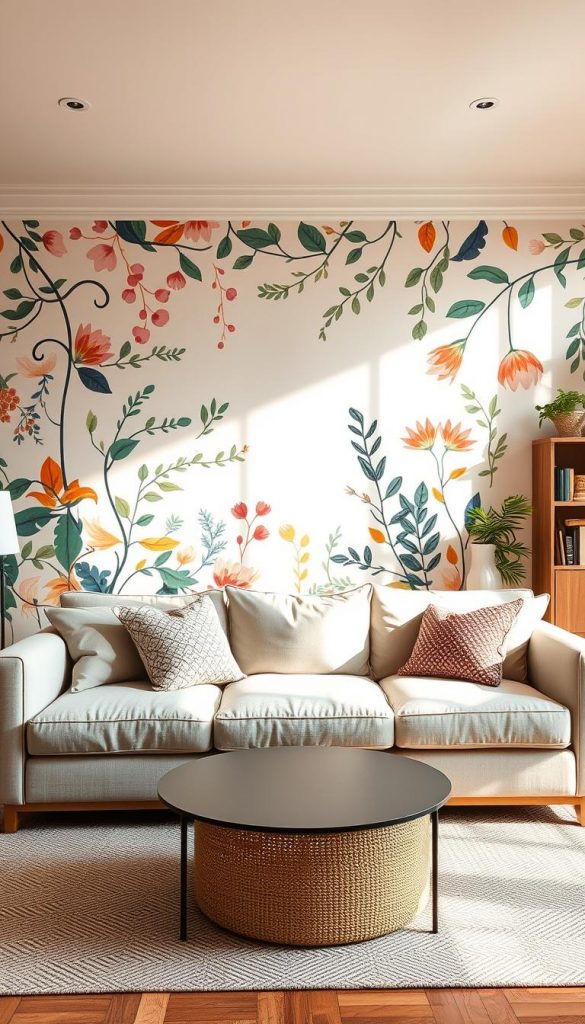 An expansive and inviting living room featuring an XL wall art piece that mimics a stylish wallpaper alternative, designed in a warm, Pinterest-inspired palette. The artwork showcases a blend of vibrant patterns and natural motifs, such as leafy vines, geometric shapes, and soothing colors that provide an uplifting atmosphere. In the foreground, a cozy, minimalist sofa adorned with textured cushions creates a focal point. In the middle, the captivating wall art draws the eye, illuminated by soft, natural light streaming in from a nearby window. The background has subtle home decor elements, like indoor plants and wooden shelves filled with books, providing an authentic and inspiring vibe. The scene is organized, aesthetically pleasing, and reflects the brand KlickKiste, encouraging a DIY spirit.
