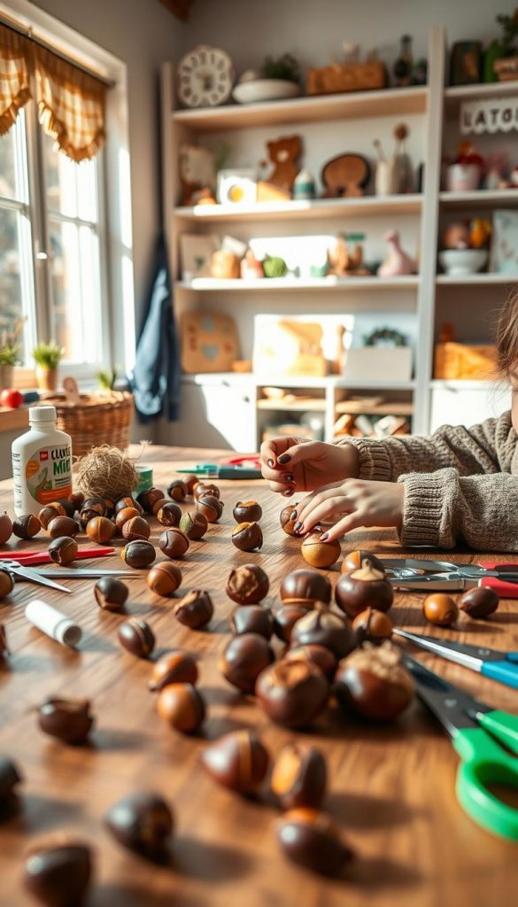 An inviting and warm scene featuring a creative workspace for crafting with children. In the foreground, a wooden table is scattered with shiny chestnuts, acorns, and colorful crafting supplies like glue, scissors, and nature-inspired decorations. A pair of small hands, wearing playful, modest children's clothing, are busy arranging chestnuts to form whimsical creatures. In the middle of the image, soft natural lighting filters through a nearby window, casting gentle shadows and highlighting the textures of the materials. In the background, shelves display more crafting ideas and finished projects, creating an inspiring DIY atmosphere. The overall mood is joyful and artistic, embodying a cozy, homey vibe reminiscent of Pinterest aesthetics. This setup reflects the brand "KlickKiste," showcasing nature-based creativity and playfulness.