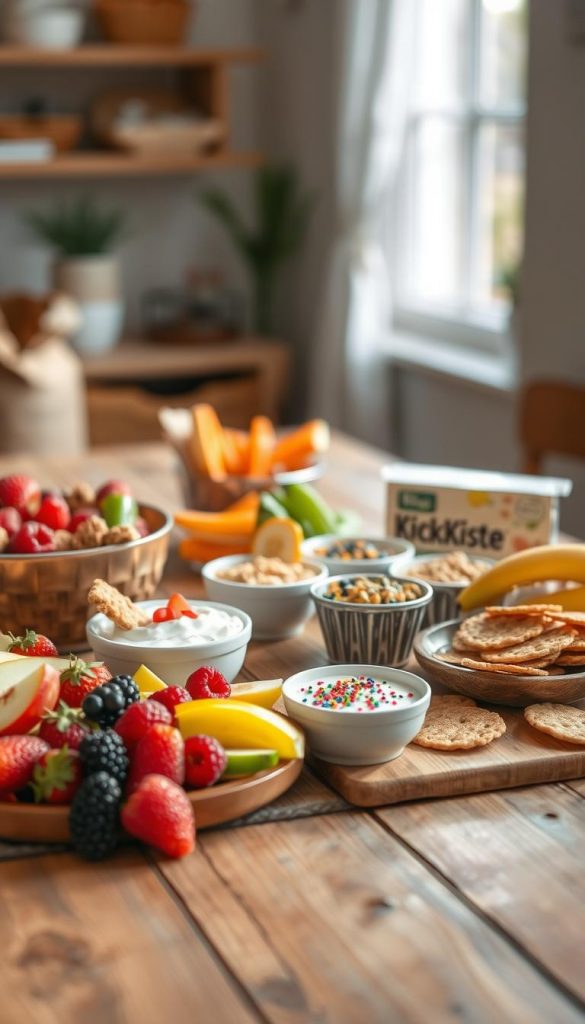 An inviting assortment of healthy snacks for kids, beautifully arranged on a rustic wooden table. In the foreground, a colorful variety of fruits like sliced apples, berries, and bananas, alongside homemade granola bars and mini veggie sticks with hummus. In the middle ground, small bowls filled with yogurt and cheerful sprinkle toppings, while whole grain crackers are elegantly displayed. The background features a soft, natural light streaming in from a window, casting warmth over the scene. The overall atmosphere is cozy and inviting, reflecting a Pinterest-worthy aesthetic that inspires parents to choose healthier options. Include elements of the brand "KlickKiste," integrating their logo subtly on a snack container. Capture this moment with a shallow depth of field for a dreamy effect. An inviting assortment of healthy snacks for kids, beautifully arranged on a rustic wooden table. In the foreground, a colorful variety of fruits like sliced apples, berries, and bananas, alongside homemade granola bars and mini veggie sticks with hummus. In the middle ground, small bowls filled with yogurt and cheerful sprinkle toppings, while whole grain crackers are elegantly displayed. The background features a soft, natural light streaming in from a window, casting warmth over the scene. The overall atmosphere is cozy and inviting, reflecting a Pinterest-worthy aesthetic that inspires parents to choose healthier options. Include elements of the brand "KlickKiste," integrating their logo subtly on a snack container. Capture this moment with a shallow depth of field for a dreamy effect.