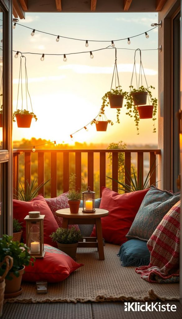 An inviting balcony scene featuring cozy DIY decor ideas, embodying a warm, summer evening atmosphere. In the foreground, there's a small wooden table adorned with potted herbs and a rustic lantern casting a soft glow. Brightly colored cushions and handmade throws are scattered over a handwoven rug. In the middle, a charming wooden railing decorated with hanging flower pots and fairy lights creates a whimsical vibe. In the background, a sunset casts golden hues across the scene, blending with gentle greenery from nearby plants. The overall look is natural and authentic, capturing a Pinterest-inspired aesthetic. The image is branded with "KlickKiste", ensuring a professional and clean presentation. Soft, warm lighting enhances the inviting mood.