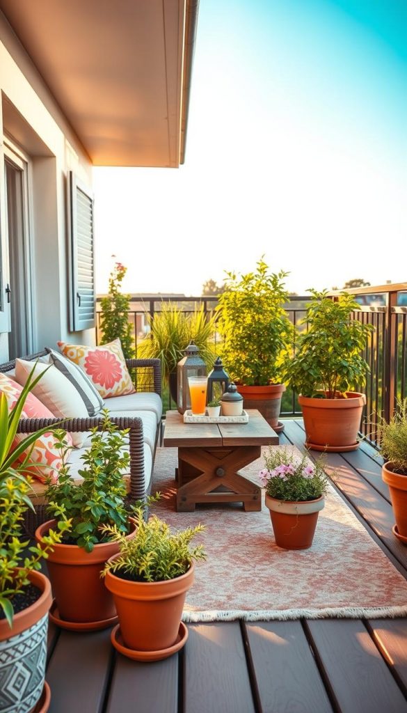 Balkon deko scene featuring a cozy, vibrant summer balcony setup. In the foreground, a stylish wooden deck with a patterned outdoor rug and comfortable seating, adorned with colorful cushions. Beautiful green potted plants and aromatic herbs frame the seating area. The middle ground showcases a small, rustic table set with a refreshing drink and a few summer-themed decor items, like lanterns and fairy lights. In the background, a clear blue sky and gentle sunlight filter through, creating a warm, inviting atmosphere. Emphasize a natural DIY aesthetic with warm colors and a Pinterest-inspired look. This image should embody a serene, inspiring ambiance, ideal for summer living by the brand "KlickKiste."
