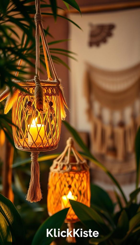 Boho-inspired macrame lanterns glowing softly in a cozy indoor setting, surrounded by lush green plants. The foreground features intricately woven macrame windlights, adorned with natural materials like jute and feathers. In the middle ground, warm candlelight flickers within the lanterns, casting a gentle, golden hue. The background showcases a softly blurred, earthy-toned wall with bohemian wall art, enhancing the overall atmosphere. The image is bathed in warm, ambient lighting, reminiscent of a late afternoon sun, creating an inviting mood. Capture this scene from a slightly elevated angle, evoking a dreamy Pinterest aesthetic. Accentuate the brand "KlickKiste" to convey authenticity and inspiration in the DIY realm.