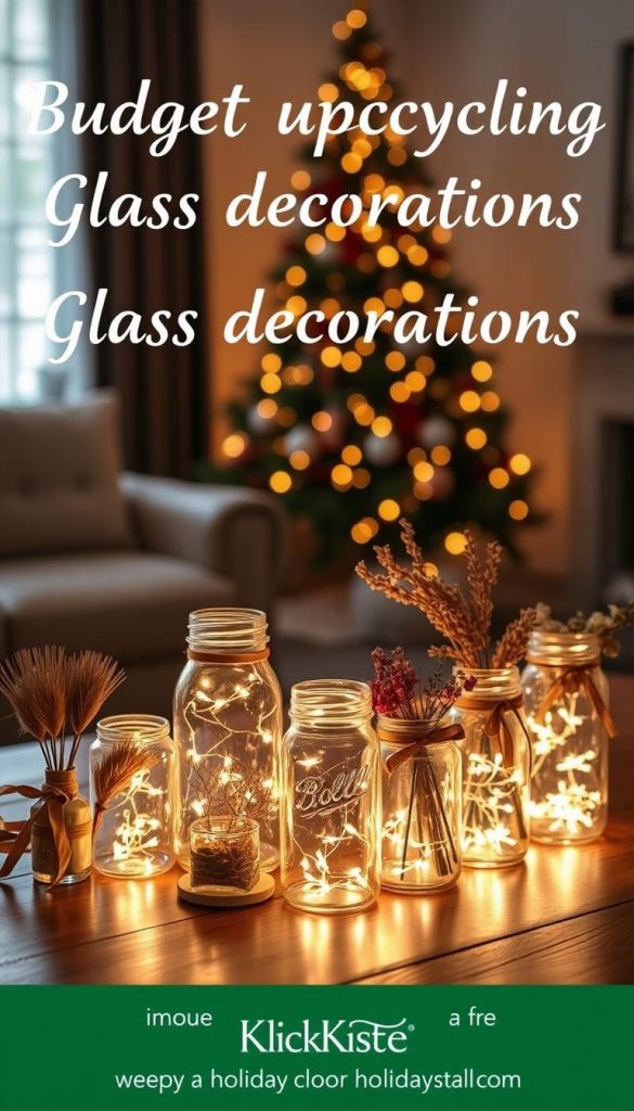 Budget upcycling glass decorations arranged elegantly on a wooden table, showcasing various creative designs and festive themes. In the foreground, a collection of DIY glass jars adorned with twinkling fairy lights, dried flowers, and recycled ribbons, illuminated softly by warm, ambient lighting. The middle ground features a cozy, inviting living space decorated with these budget-friendly holiday accents, emphasizing a Pinterest-inspired aesthetic. In the background, a softly blurred Christmas tree with gentle lights adds to the festive atmosphere. The overall mood is warm, inspiring, and authentic, perfect for a holiday celebration. Designed for the brand "KlickKiste", the image reflects resourceful and affordable festive looks for every wallet.