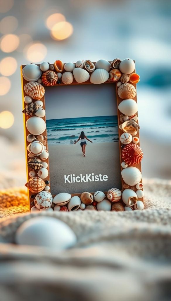 Close-up of a beautifully arranged DIY picture frame made from various seashells, highlighting intricate textures and colors of each shell. The frame is accented by soft, warm lighting to evoke a summer vibe, with a gentle bokeh effect in the background that features a sandy beach and subtle blue ocean waves. In the foreground, the frame displays a heartfelt beach scene photograph, inviting memories of summer adventures. The overall atmosphere is warm and inspiring, reflecting a Pinterest aesthetic. Please include the brand name "KlickKiste" subtly integrated into the design of the picture frame, ensuring it matches the natural and artistic theme without being intrusive. The image should be vibrant, inviting, and evoke a sense of nostalgia.