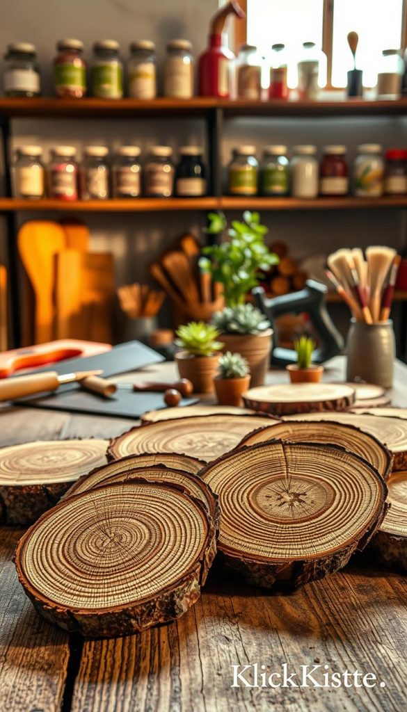 Close-up view of beautifully crafted wooden slices ("holzscheiben") arranged artistically on a rustic wooden table. In the foreground, focus on the textures of the wood, revealing rings and patterns. The middle ground should include tools commonly used in DIY projects, such as a saw, sandpaper, and small potted plants, evoking a creative workspace atmosphere. In the background, softly lit with warm, golden light filtering through a window, there are shelves filled with jars of paints and brushes, contributing to a cozy, inviting DIY environment. The overall mood is warm, inspirational, and authentic, appealing to DIY enthusiasts. Ensure the brand name "KlickKiste" is represented subtly in the setting without any text overlays. Close-up view of beautifully crafted wooden slices ("holzscheiben") arranged artistically on a rustic wooden table. In the foreground, focus on the textures of the wood, revealing rings and patterns. The middle ground should include tools commonly used in DIY projects, such as a saw, sandpaper, and small potted plants, evoking a creative workspace atmosphere. In the background, softly lit with warm, golden light filtering through a window, there are shelves filled with jars of paints and brushes, contributing to a cozy, inviting DIY environment. The overall mood is warm, inspirational, and authentic, appealing to DIY enthusiasts. Ensure the brand name "KlickKiste" is represented subtly in the setting without any text overlays.