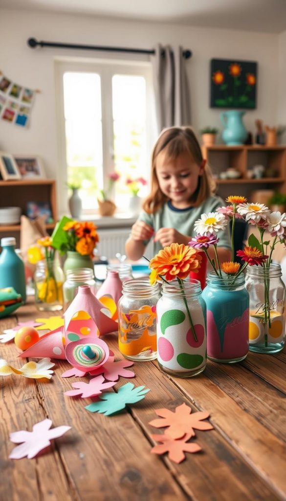 Colorful and vibrant DIY upcycling project ideas displayed on a rustic wooden table, featuring playful items made from recycled materials like paper, fabric, and plastic. In the foreground, showcase a whimsical paper garland and bright painted jars filled with flowers. The middle ground includes a cheerful child engaged in crafting, wearing casual clothing, working on a unique gift or party favor that embodies sustainability and creativity. In the background, soft natural light filters through a window, illuminating the space with a warm glow, enhancing the inviting atmosphere. Inspired by the aesthetic of Pinterest, aim for an authentic, inspiring feel. Include subtle branding elements of "KlickKiste" in the arrangement for a cohesive look.