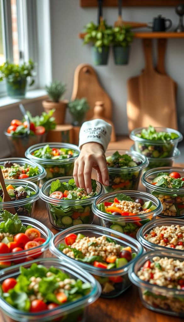 Colorful and vibrant meal prep salads displayed in clear glass containers on a rustic wooden kitchen countertop. The foreground features a variety of salads, showcasing fresh ingredients like leafy greens, cherry tomatoes, cucumbers, bell peppers, and quinoa, beautifully arranged. In the middle, a hand reaches for a container, dressed casually in a light cotton shirt, emphasizing a family-friendly atmosphere. The background includes soft-focus kitchen elements like potted herbs, a cutting board, and utensils, creating a warm, inviting scene. Natural light streams in from a nearby window, adding a cozy ambiance with hints of sunlight reflecting off the glass. The overall mood is inspiring and authentic, embodying the brand “KlickKiste” with a Pinterest-style aesthetic. The image should evoke feelings of healthy living and effective meal prep for families, without any text or distractions.