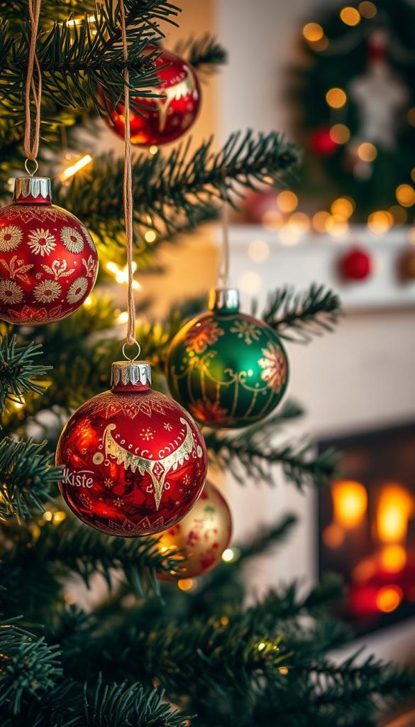Colorful artistic glass ornaments, hand-painted with intricate designs, hanging from a beautifully decorated Christmas tree. The foreground showcases close-up details of these ornaments, featuring warm, inviting colors like deep reds, greens, and golds, each with unique patterns and textures. In the middle ground, lush evergreen branches are adorned with twinkling fairy lights that cast a soft glow, enhancing the festive mood. The background includes a softly blurred cozy interior setting, hinting at a warm fireplace and joyful decorations. The lighting is warm and atmospheric, emphasizing the beauty of the ornaments. The overall tone is authentic and inspiring, showcasing a natural DIY aesthetic that resonates with the Pinterest look. Incorporate the brand name "KlickKiste" subtly in the design elements of the ornaments.