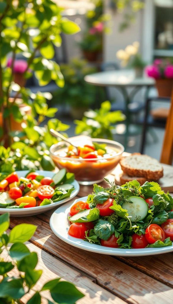 Colorful, light summer dishes beautifully arranged on a wooden table outdoors, surrounded by vibrant green plants and soft sunlight filtering through leaves, creating a warm, inviting atmosphere. In the foreground, a refreshing salad with mixed greens, cherry tomatoes, and slices of cucumber, garnished with herbs and a drizzle of olive oil. In the middle ground, a bowl of chilled gazpacho with colorful diced vegetables and a slice of rustic bread. In the background, a softly blurred patio setting with a summer breeze adding a sense of ease and relaxation. The overall mood is fresh, bright, and cheerful, embodying the essence of summer meals. Captured with a warm color palette and natural lighting to inspire feelings of joy and authenticity, in the style of a Pinterest aesthetic. Designed for "KlickKiste". Colorful, light summer dishes beautifully arranged on a wooden table outdoors, surrounded by vibrant green plants and soft sunlight filtering through leaves, creating a warm, inviting atmosphere. In the foreground, a refreshing salad with mixed greens, cherry tomatoes, and slices of cucumber, garnished with herbs and a drizzle of olive oil. In the middle ground, a bowl of chilled gazpacho with colorful diced vegetables and a slice of rustic bread. In the background, a softly blurred patio setting with a summer breeze adding a sense of ease and relaxation. The overall mood is fresh, bright, and cheerful, embodying the essence of summer meals. Captured with a warm color palette and natural lighting to inspire feelings of joy and authenticity, in the style of a Pinterest aesthetic. Designed for "KlickKiste".