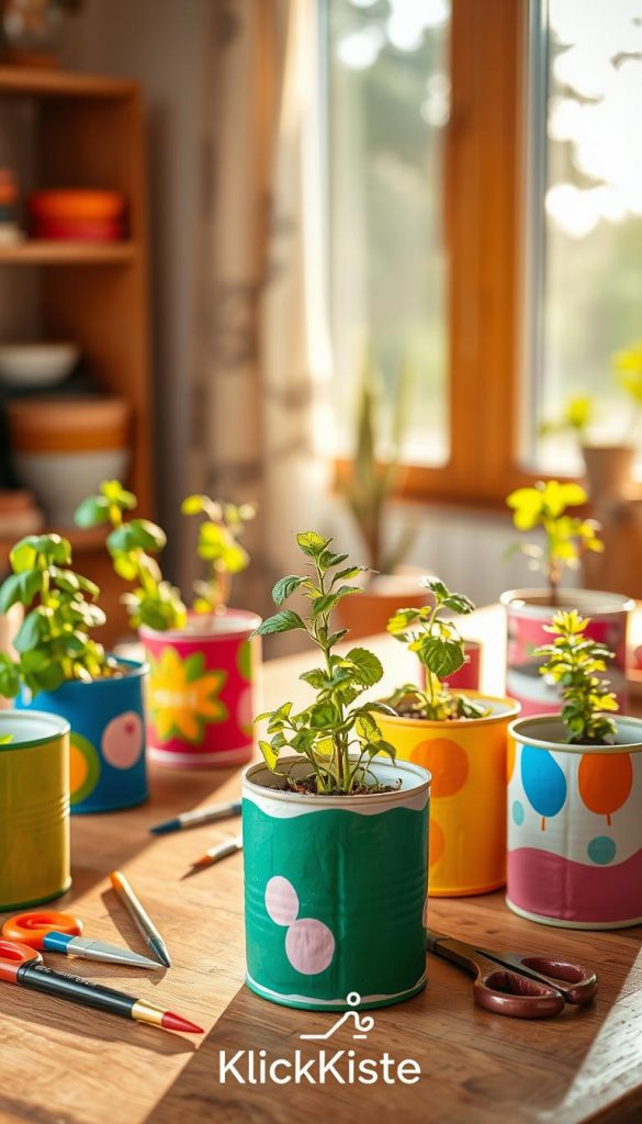 Colorful upcycled plant pots made from various materials like tin cans, milk cartons, and juice boxes, arranged artistically on a wooden table. The foreground features several pots, each painted in vibrant colors with whimsical designs, showcasing herbs like basil, mint, and parsley peeking out. The middle ground includes a few tools such as paintbrushes and scissors, hinting at the DIY process. In the background, soft natural light filters through a sunny window, casting warm golden tones that create an inviting atmosphere. The overall mood is inspirational and creative, reflecting a cozy crafting space. Include subtle branding of "KlickKiste" in the scene, enhancing the aesthetic without overpowering the image focus.