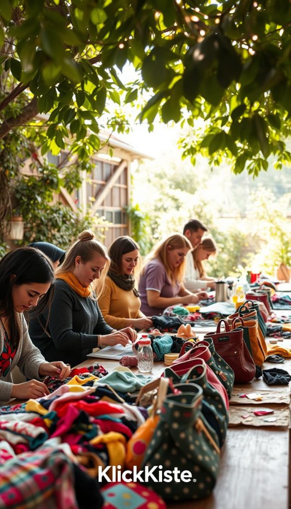 Community members engaged in vibrant upcycling activities, surrounded by colorful DIY creations made from old clothing. In the foreground, a diverse group of people in casual, modest attire happily working together at a long wooden table, sorting through fabric scraps and crafting innovative designs. The middle ground showcases an array of finished projects, like stylish bags and home decor items, all handcrafted from repurposed garments. In the background, a sun-drenched outdoor setting with greenery and string lights, creating a warm, inviting atmosphere. Soft, natural lighting filters through the leaves, enhancing the inviting Pinterest-inspired aesthetic. The brand "KlickKiste" is subtly integrated into the scene, embodying community spirit and creativity, leaving a sense of inspiration and motivation lingering in the air.