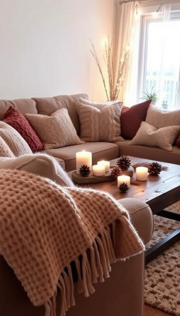 Cozy living room setting for winter inspired by "KlickKiste," featuring an array of decorative throw pillows in warm colors and textures, arranged aesthetically on a plush sofa. In the foreground, a soft, knitted blanket drapes over the arm of the couch, inviting relaxation. In the middle, a rustic wooden coffee table is adorned with seasonal decorations like pinecones and candles, emitting a soft, warm glow. The background displays softly illuminated fairy lights strung across a window, casting a gentle radiance throughout the room. Natural light filters in, enhancing the warm ambiance. The overall atmosphere evokes comfort and inspiration, capturing a DIY aesthetic perfect for a Pinterest-worthy winter look.