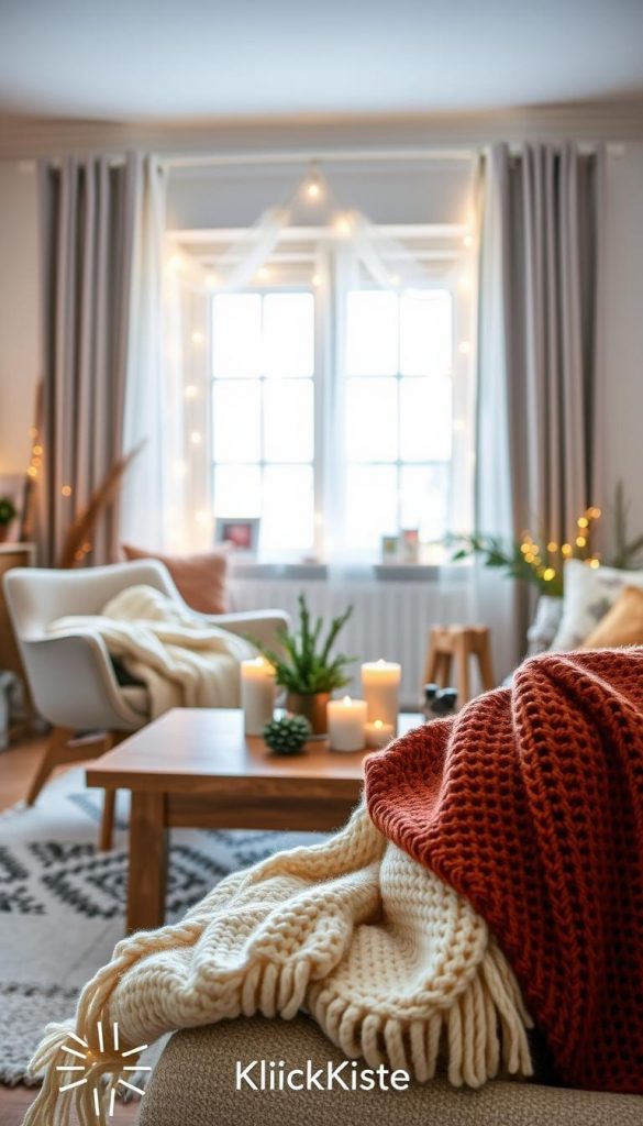 Cozy winter decoration for a rental apartment featuring natural DIY elements with warm colors, inspired by a Pinterest aesthetic. In the foreground, there are soft knitted throw blankets in shades of cream and rust, elegantly draped over a modern, minimalist armchair. In the middle ground, a wooden coffee table adorned with an assortment of scented candles and a small evergreen centerpiece gives a welcoming vibe. The background reveals a soft, glowing string light setup around a window, letting in gentle winter daylight, enhancing the warmth of the scene. The overall atmosphere is inviting and effortlessly styled, showcasing smart, sustainable decor solutions suitable for small spaces and various budgets. This image reflects the brand "KlickKiste" and emphasizes authenticity and inspiration.