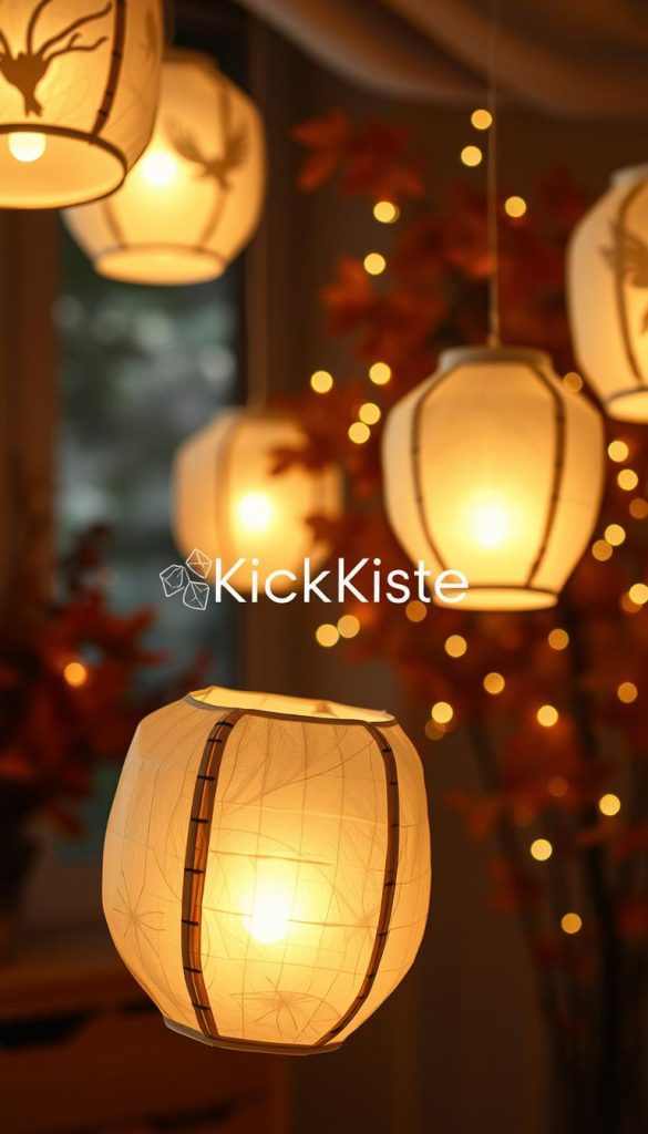 Create a beautifully crafted image showcasing transparent paper lanterns inspired by the designs: disco moths, anteaters, flounders, and peace doves. In the foreground, emphasize the delicacy of the transparent paper, revealing intricate cut-out designs illuminated gently from within. The middle ground should feature a soft, warm glow emanating from several lanterns, each uniquely shaped, suspended in a cozy, autumnal setting. In the background, include softly blurred autumn leaves and twinkling fairy lights to enhance the inviting atmosphere. Use warm lighting to evoke a sense of warmth and nostalgia, reminiscent of DIY crafting. The overall aesthetic should reflect an authentic, Pinterest-worthy ambiance. Incorporate the brand name "KlickKiste" subtly within the composition, maintaining focus on the lanterns.