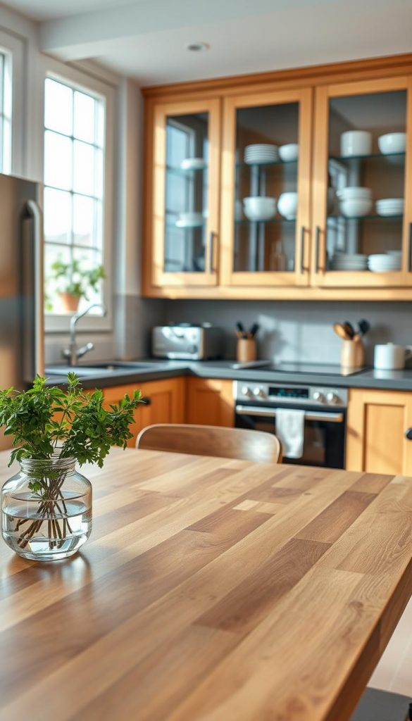Create a beautifully styled kitchen scene showcasing a harmonious blend of materials: warm wood, sleek stainless steel, and elegant glass elements. In the foreground, feature an inviting wooden dining table adorned with a minimalistic vase filled with fresh herbs. In the middle, incorporate modern kitchen appliances in stainless steel, complemented by glass cabinets displaying tasteful dishware. The background should highlight bright, airy windows allowing soft, natural light to flood the space, enhancing the warm color palette. Utilize a warm tone throughout the image to evoke a cozy yet stylish atmosphere, reminiscent of a Pinterest-worthy DIY aesthetic. Capture this scene with a wide-angle lens to encompass the open brightness of the kitchen. Include the brand "KlickKiste" subtly integrated within the design without any text overlays, maintaining a safe and inspiring ambiance.