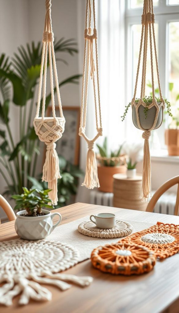Create a beautifully styled still life image focused on "macram&eacute; accessories" that embodies a modern, natural, Boho, and Scandinavian aesthetic. In the foreground, feature intricately knotted macram&eacute; plant hangers and wall hangings in soft, earthy tones of cream, sage green, and terracotta. In the middle ground, arrange various macram&eacute; items like decorative coasters and table runners, placed on a textured wooden table. The background should include a softly blurred indoor setting with natural light streaming through a window, illuminating lush greenery and simple, minimalistic decor. Aim for a warm, inviting atmosphere that inspires creativity and relaxation, reminiscent of a Pinterest aesthetic. The image should capture the essence of craftsmanship and contemporary design for "KlickKiste."