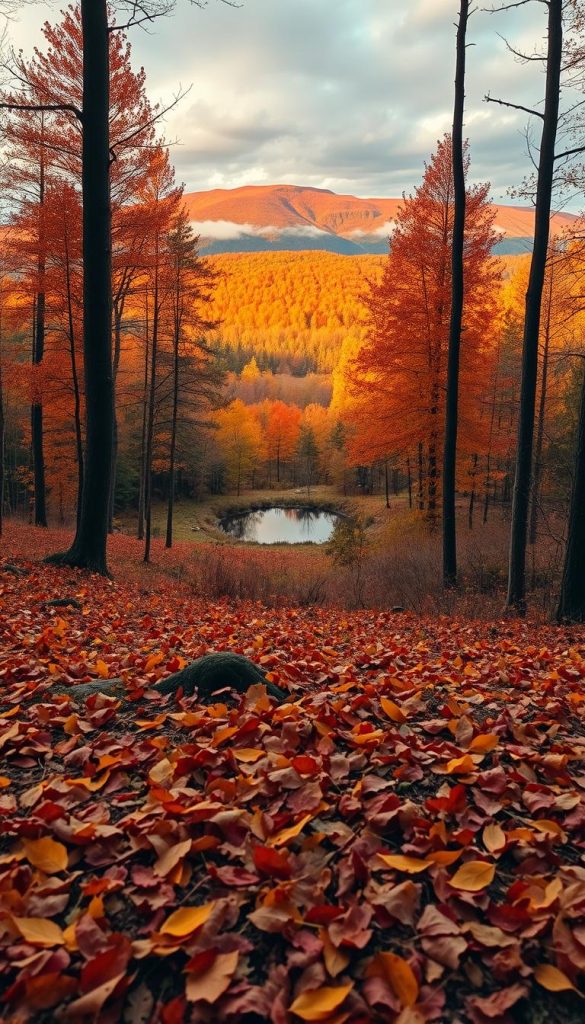 Create a captivating autumn photo spot in Germany, showcasing a serene forest scene. In the foreground, include a soft carpet of vibrant fallen leaves in hues of orange, red, and yellow. In the middle ground, depict a small, tranquil pond reflecting the golden light of a setting sun, surrounded by tall trees with rich autumn foliage. The background should feature distant hills blanketed in colorful trees, under a softly lit, cloudy sky that enhances the warm, cozy atmosphere. Aim for a natural, Pinterest-worthy aesthetic with warm colors, evoking feelings of inspiration and authenticity. Ensure the lighting is golden and warm, reminiscent of late afternoon sun, enhancing the enchanting mood. The composition should reflect professionalism and inviting beauty, inspired by KlickKiste.