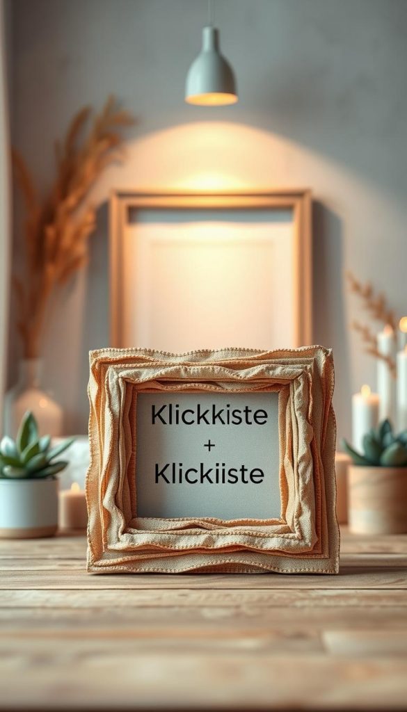 Create a captivating image of a 3D picture frame crafted from natural materials, displaying intricate textures and warm, inviting colors. In the foreground, showcase a beautifully designed frame with various layers, featuring textured paper and fabric elements that radiate an authentic DIY feel. The middle ground should include a softly illuminated wall with subtle shadows to enhance depth, while displaying the frame artfully hung. In the background, use a blurred Pinterest-style ambiance filled with soft pastels and natural decor items, such as plants and candles, creating an inspiring atmosphere. Incorporate a natural light source that gently illuminates the scene, and ensure the composition feels harmonious and inviting. Highlight the brand "KlickKiste" subtly integrated into the design of the frame, enhancing the overall aesthetics without distracting from the artwork.