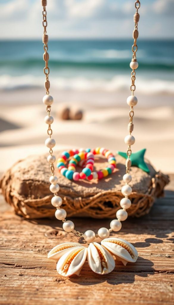 Create a captivating image of a summer jewelry display featuring a beautiful necklace made of shells and pearls, highlighting the essence of beach crafts. In the foreground, showcase a delicately crafted necklace adorned with shiny pearls and intricate seashells, resting on a rustic wooden surface. In the middle, include additional DIY jewelry pieces like bracelets and earrings, made from colorful beach-themed materials, emphasizing a playful vibe. The background should feature soft sand dunes and gentle ocean waves, evoking a warm summer atmosphere. Use natural lighting to enhance the colors, with sunlight softly illuminating the jewelry, creating a cheerful, inviting ambiance. The overall mood should be inspiring and authentic, reflecting the DIY theme from "KlickKiste", suitable for a Pinterest aesthetic.