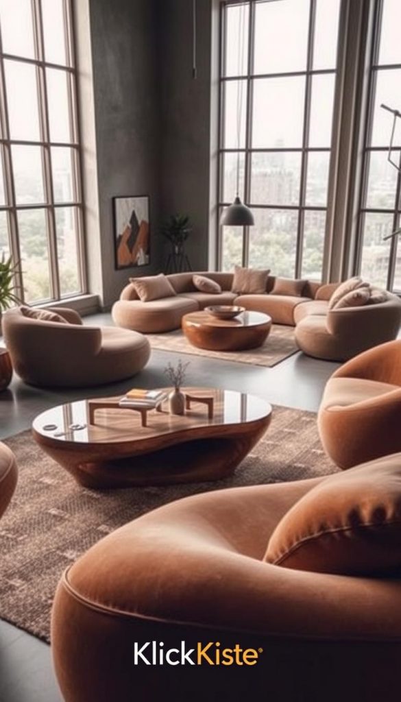 Create a captivating interior scene featuring organic forms inspired by "Fat Furniture." In the foreground, showcase a beautifully designed sofa with soft, rounded edges in warm earthy tones, paired with a sculptural coffee table that mimics flowing shapes. In the middle ground, display modular seating units that can be reconfigured, emphasizing flexibility and comfort. The background should include large windows with soft natural light streaming in, illuminating a cozy, inviting atmosphere. Use a wide-angle lens to capture the entire composition, enhancing the sense of space. Aim for a Pinterest-inspired aesthetic that feels authentic and inspiring. The branding "KlickKiste" should be subtly integrated into the design elements.
