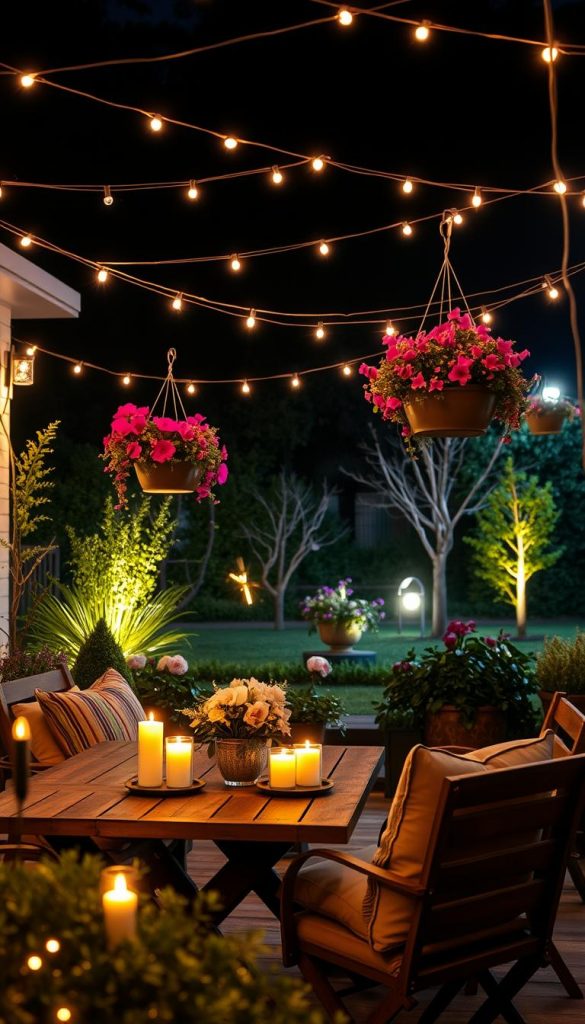Create a captivating outdoor night scene featuring beautifully arranged 'lichterketten' (string lights) draped over a charming patio. In the foreground, include a wooden table set with cozy outdoor cushions and flickering candles, casting a warm glow. In the middle ground, showcase vibrant hanging planters filled with blooming flowers, illuminated by the twinkling lights. The background should include a softly lit garden with trees silhouetted against the night sky, enhancing the enchanting atmosphere. Capture this scene with a shallow depth of field, focusing on the details of the lichterketten, while maintaining a slightly blurred background for a dreamy effect. Use soft, warm lighting to evoke a relaxed, inviting mood. Ensure the aesthetic aligns with a natural DIY look that resonates with a Pinterest-inspired vibe, emblazoned subtly with "KlickKiste".