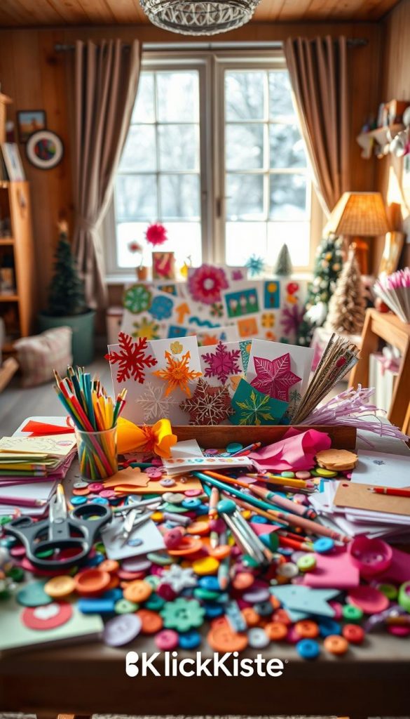 Create a captivating scene depicting a variety of colorful paper craft ideas suitable for indoor activities on winter days. In the foreground, showcase a small, cluttered table filled with vibrant paper, scissors, paint, and other everyday materials, such as buttons and string, arranged in a playful manner. In the middle, display an inviting assortment of completed crafts, like paper snowflakes, handmade cards, and colorful collages, radiating creativity. The background should feature a cozy, softly lit room with warm wooden elements and a window showing a snowy landscape outside. Use natural lighting to create an inspirational and warm atmosphere, reminiscent of a Pinterest aesthetic. Include the branding "KlickKiste" subtly integrated into the scene, ensuring it blends naturally within the context of paper crafts.