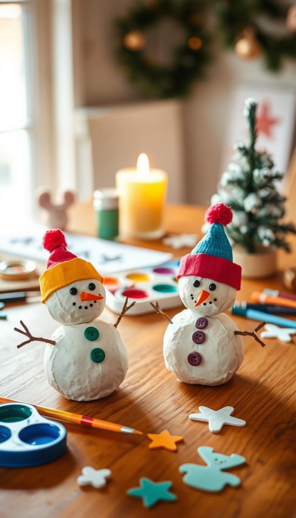 Create a charming DIY scene featuring potato print snowmen, ideal for winter crafts like cards, gift wrap, and ornaments. In the foreground, showcase two adorable, hand-crafted snowmen made from potato prints, complete with colorful paper hats and button embellishments. The middle ground should include art supplies like paint, brushes, and cut-out festive shapes scattered on a warm wooden table. In the background, softly lit, cozy winter elements such as a glowing candle and a small evergreen tree can suggest a festive atmosphere. Use warm colors to evoke a sense of comfort and creativity, reminiscent of a Pinterest aesthetic. The image should reflect the brand "KlickKiste," emphasizing authentic and inspiring DIY projects for families.