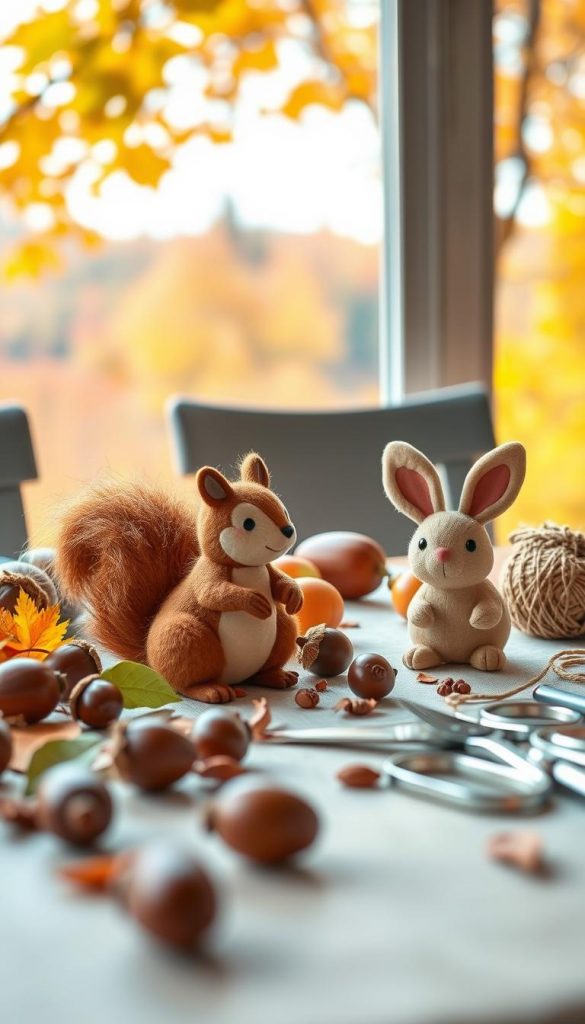 Create a charming scene featuring whimsical "kastanien figuren" (chestnut figures) designed as playful animals and fantastical creatures. In the foreground, showcase a variety of cheerful chestnut characters, including a squirrel with a bushy tail and a rabbit with big ears, surrounded by acorns and leaves. The middle ground should present a cozy table adorned with crafting materials, such as scissors, glue, and twine, hinting at a creative DIY atmosphere. In the background, include a softly blurred autumn landscape with vibrant, warm-colored foliage, capturing the essence of a crisp fall day. Use natural lighting to create a warm and inviting mood, reminiscent of a Pinterest aesthetic. Focus on authentic, inspiring details that evoke the joy of crafting with children. Brand it subtly with "KlickKiste" embedded in the scene.