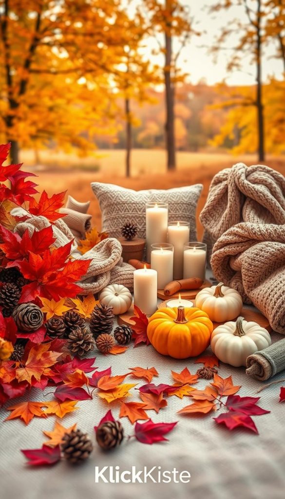 Create a cozy and inviting "herbst moodboard" that showcases a collection of warm autumn colors and decor ideas. In the foreground, display an array of rich red, burnt orange, and golden yellow leaves artfully arranged alongside natural elements like pinecones and small pumpkins. In the middle ground, feature softly lit candles and decorative items such as knit throws and rustic wooden accents, all meticulously organized on a textured surface. The background should include a softly blurred, warm-hued autumn landscape with glowing sunlight filtering through trees, enhancing the ambiance. The overall atmosphere should be inspirational and authentic, reflecting a DIY aesthetic with a Pinterest-like quality. Incorporate the brand name "KlickKiste" subtly into the design, ensuring a harmonious and aesthetic arrangement, all captured with warm, soft lighting and a shallow depth of field.