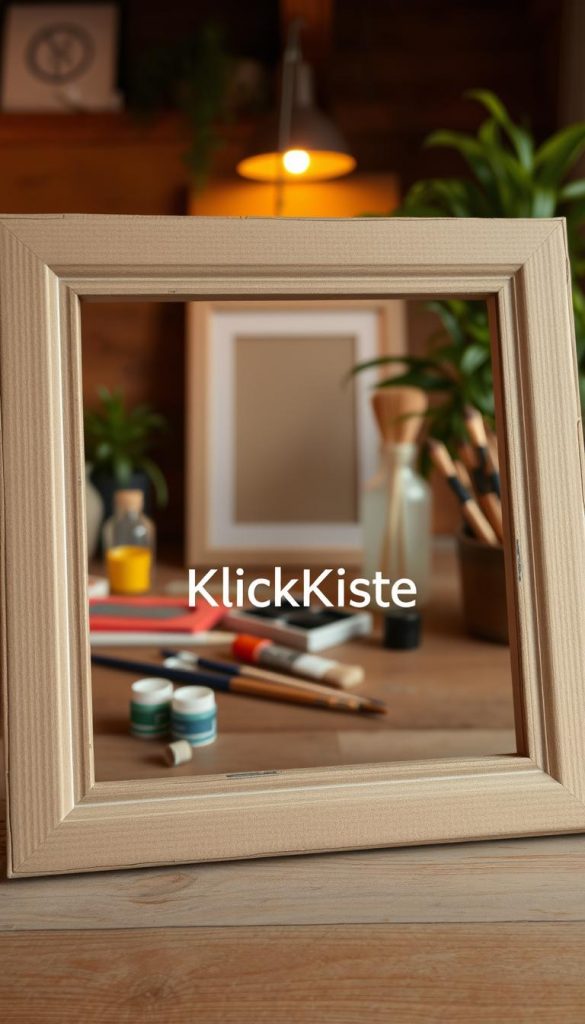 Create a cozy and inviting image of a beautifully crafted "bilderrahmen" (picture frame) made from upcycled cardboard, designed to highlight warmth and creativity. In the foreground, showcase the picture frame with intricate details, such as textured cardboard layers and natural finishes. In the middle ground, include a softly lit workspace with scattered art supplies like paints and brushes, emphasizing a DIY atmosphere. The background should feature a wooden table and some green plants to enhance the natural feel. Use warm, soft lighting to create an inspiring Pinterest-like ambiance. Frame the scene in a slightly tilted angle to evoke a casual yet artistic vibe. Incorporate the brand name "KlickKiste" subtly into the workspace without detracting from the main focus.