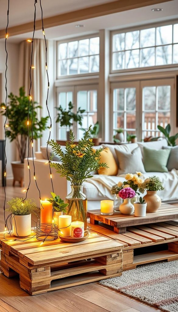 Create a cozy and inviting interior scene featuring a modern home decorated with "paletten licht deko" in warm spring colors. In the foreground, showcase a beautifully arranged wooden palette serving as a unique display for soft, glowing string lights, lush greenery, and colorful decorative items, all reflecting the latest spring color trends. In the middle, incorporate a stylish living space with a comfortable sofa draped in light fabrics, adorned with pastel-hued throw pillows and a rustic coffee table featuring fresh flowers. The background should feature large windows allowing natural light to flood in, enhancing the overall warm atmosphere. Capture this scene using a soft focus lens, aiming for a bright and cheerful mood, inspired by Pinterest aesthetics. Include subtle branding elements of "KlickKiste" in the decor to emphasize authenticity and creativity.