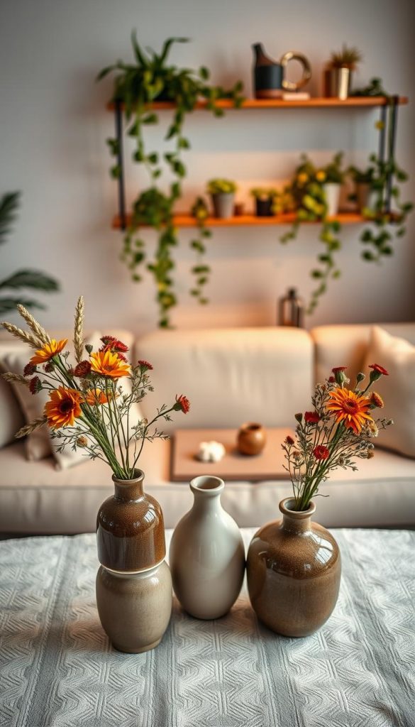 Create a cozy and inviting interior scene, showcasing a carefully arranged trio of decorative elements that adhere to the trio rule and height layering. In the foreground, place three stylish vases of varying heights, each adorned with seasonal flowers in warm, earthy tones, enhancing the natural DIY aesthetic. The middle ground should feature a textured table, topped with soft, rustic linens and small decorative objects that create balance and interest, emphasizing negative space strategically. In the background, incorporate a subtle shelf with plants cascading gently, all softly lit by warm, ambient lighting, creating a Pinterest-inspired look. Capture the scene with a slight overhead angle, giving depth and a feeling of warmth, inspired by the brand KlickKiste.