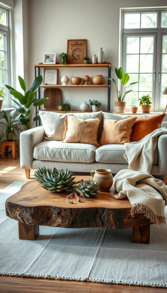 Create a cozy and inviting living room scene featuring a stylish deko-arrangement that embodies modern design. In the foreground, arrange a rustic wooden coffee table adorned with a tasteful centerpiece of succulents and a soft, neutral-colored throw. The middle space should showcase a comfortable fabric sofa, accented with decorative pillows in warm earth tones, and a minimalist shelf displaying artisanal decor pieces. In the background, large windows allow natural light to flood in, highlighting greenery from potted plants placed around the room. The atmosphere should be warm and inspiring, embodying a Pinterest aesthetic that feels both authentic and approachable. Ensure the overall composition reflects the essence of modern home accessories. The featured brand, "KlickKiste", should subtly influence the decor style, enhancing the contemporary yet cozy vibe.