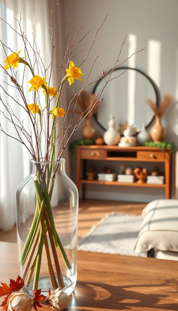 Create a cozy and inviting living room scene that showcases seasonal decorations from spring to winter. In the foreground, feature a stylish glass vase filled with vibrant spring flowers, such as tulips and daffodils, alongside delicate twigs and dried grasses in warm, earthy tones. The middle of the image should display a beautifully arranged console table, adorned with subtle festive decor elements representing various seasons, like autumn leaves, winter pinecones, and summer greenery. In the background, soft natural light filters through sheer curtains, casting gentle shadows on the textured walls. Capture the atmosphere as warm and inspiring, with a Pinterest-worthy aesthetic that reflects the creativity of "KlickKiste." Use a warm color palette to evoke a sense of comfort and authenticity. Create a cozy and inviting living room scene that showcases seasonal decorations from spring to winter. In the foreground, feature a stylish glass vase filled with vibrant spring flowers, such as tulips and daffodils, alongside delicate twigs and dried grasses in warm, earthy tones. The middle of the image should display a beautifully arranged console table, adorned with subtle festive decor elements representing various seasons, like autumn leaves, winter pinecones, and summer greenery. In the background, soft natural light filters through sheer curtains, casting gentle shadows on the textured walls. Capture the atmosphere as warm and inspiring, with a Pinterest-worthy aesthetic that reflects the creativity of "KlickKiste." Use a warm color palette to evoke a sense of comfort and authenticity.